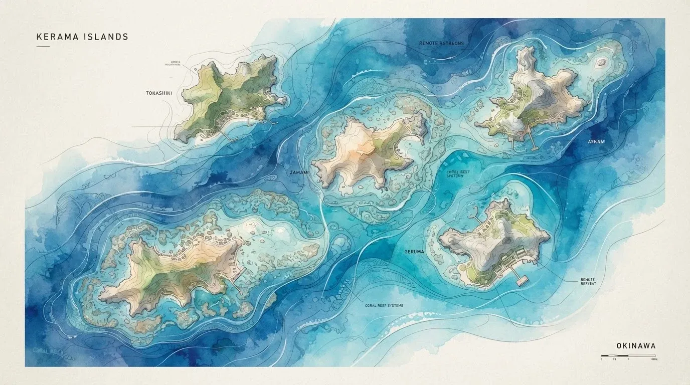 沖縄の離島とサンゴ礁の海を示す地図イラスト
